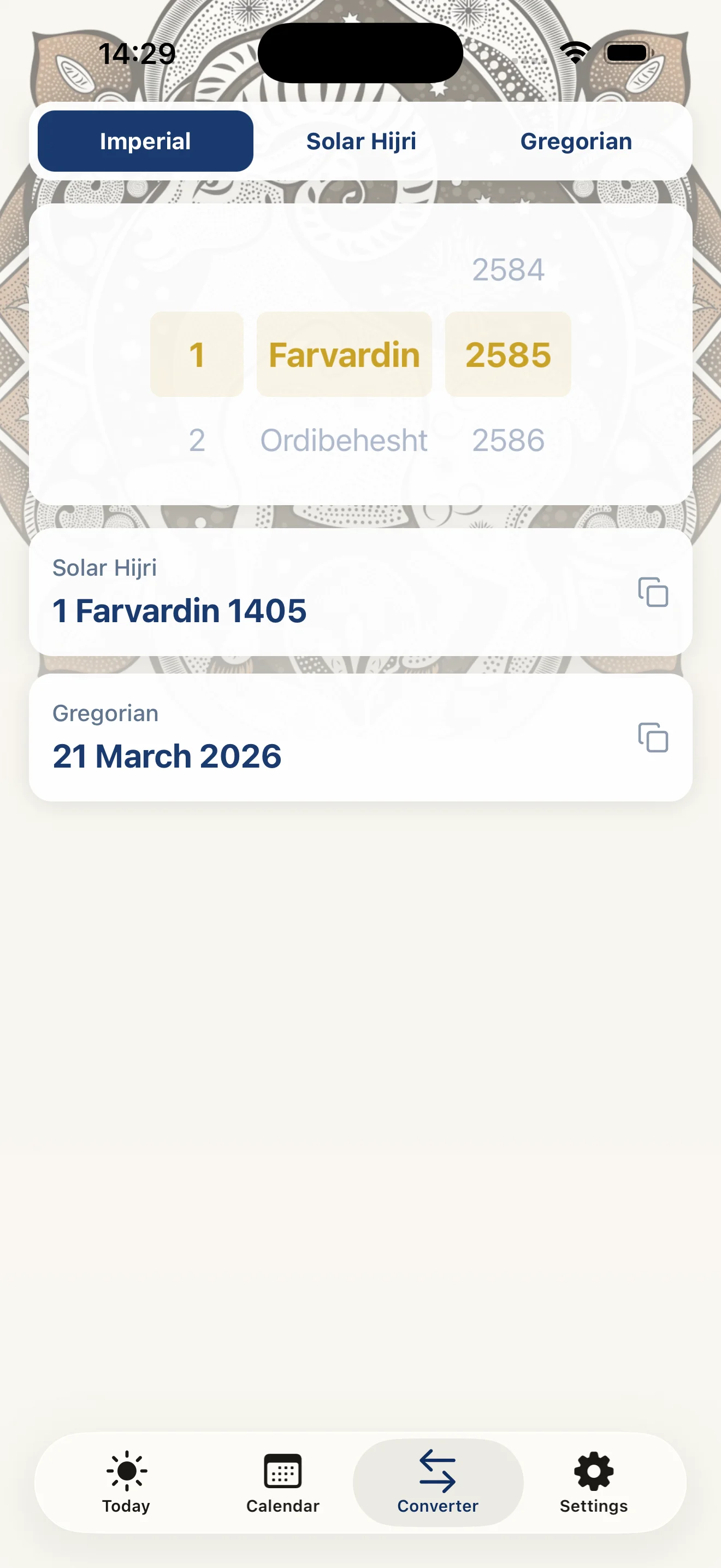 English date converter in Gahshomar — convert between Solar Hijri, Imperial and Gregorian dates.