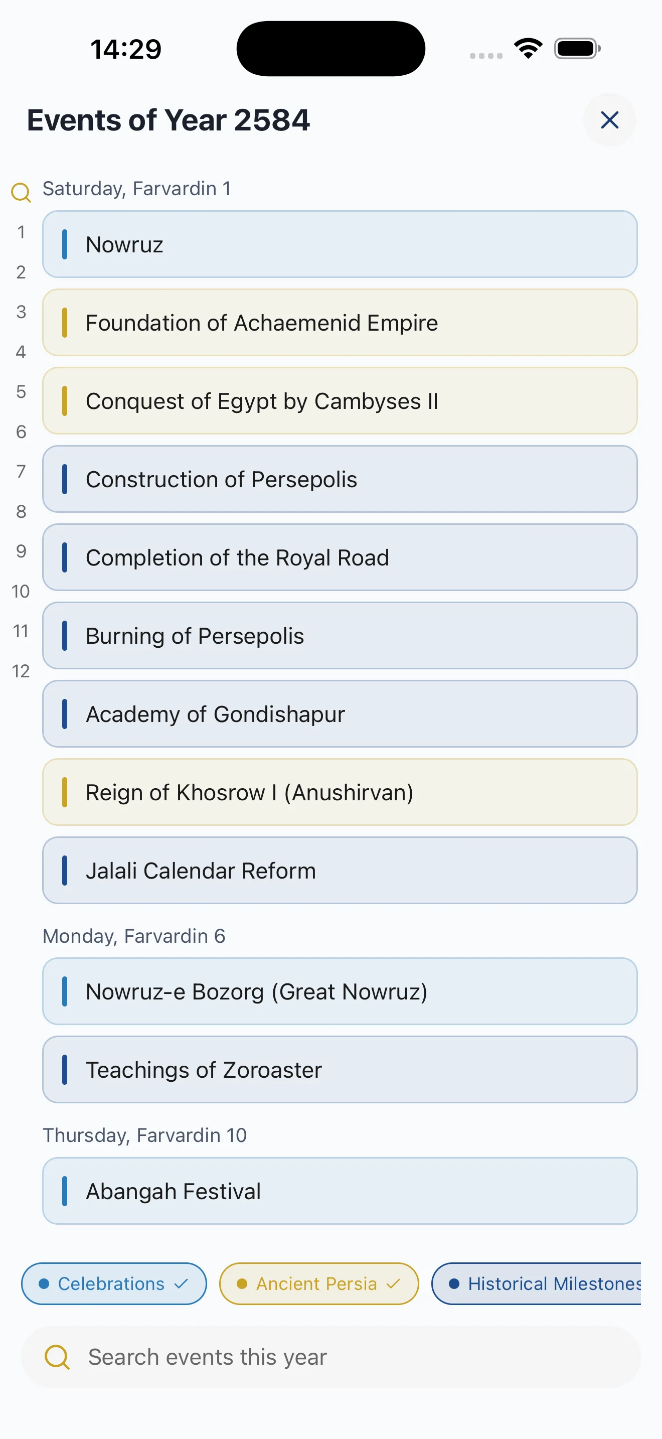 English events list in Gahshomar with Persian celebrations, birthdays and historical events.